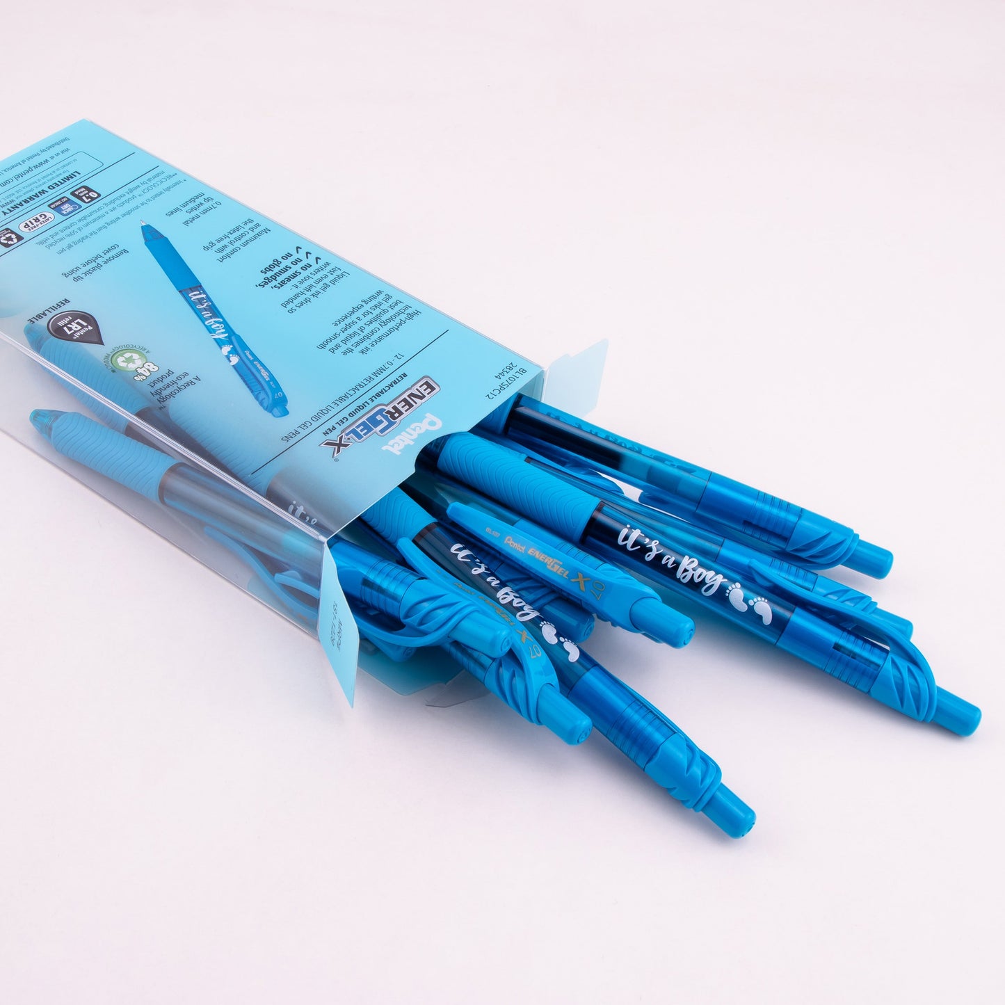 EnerGel-X Retractable Gel Pen, (0.7mm) Med. line, Sky Blue Ink- its a Boy Dozen Box (BL107SPC12)