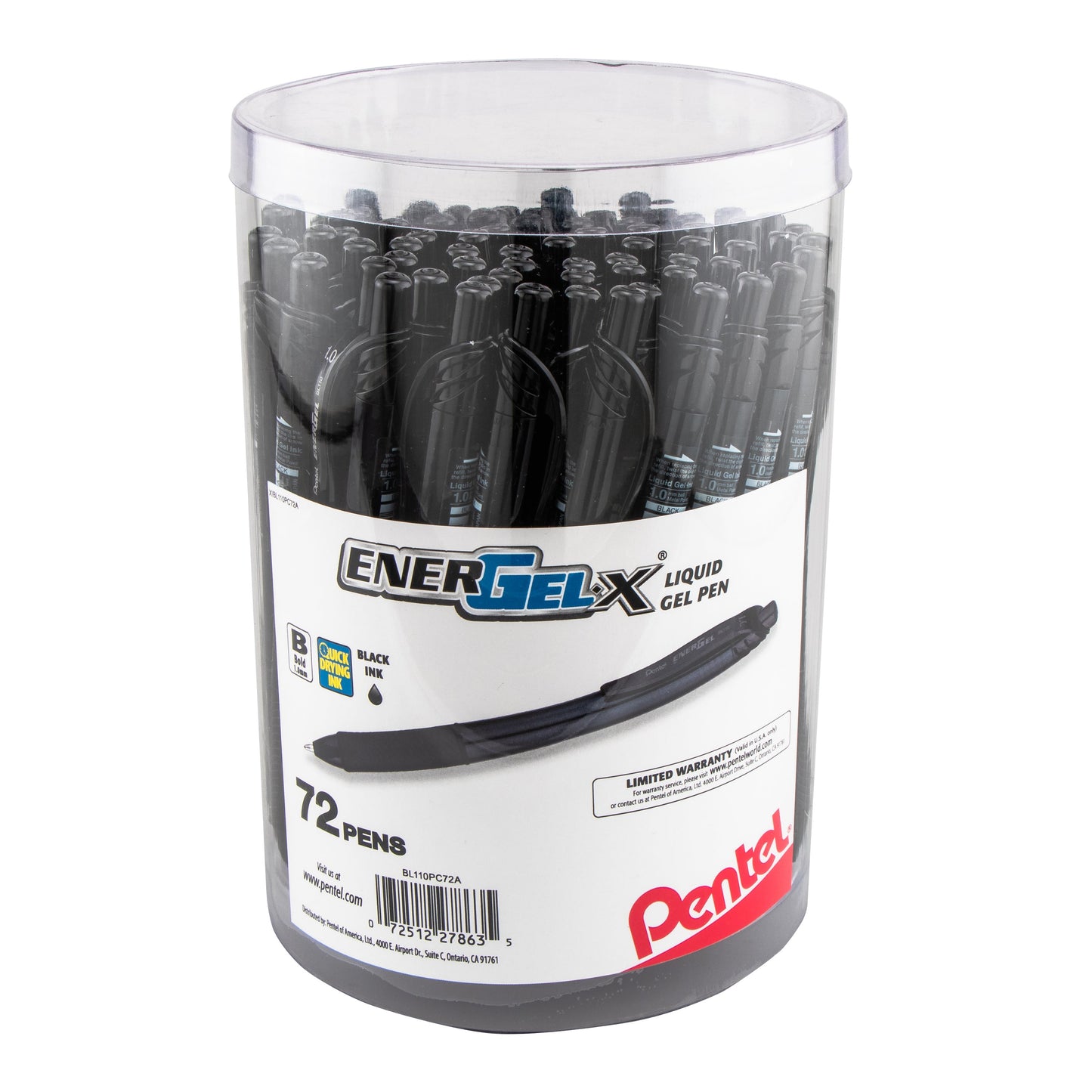 Pentel EnerGel-X Retractable Gel Pen, (1.0mm) Bold line, Black Ink, 72-pk Canister (BL110PC72A)