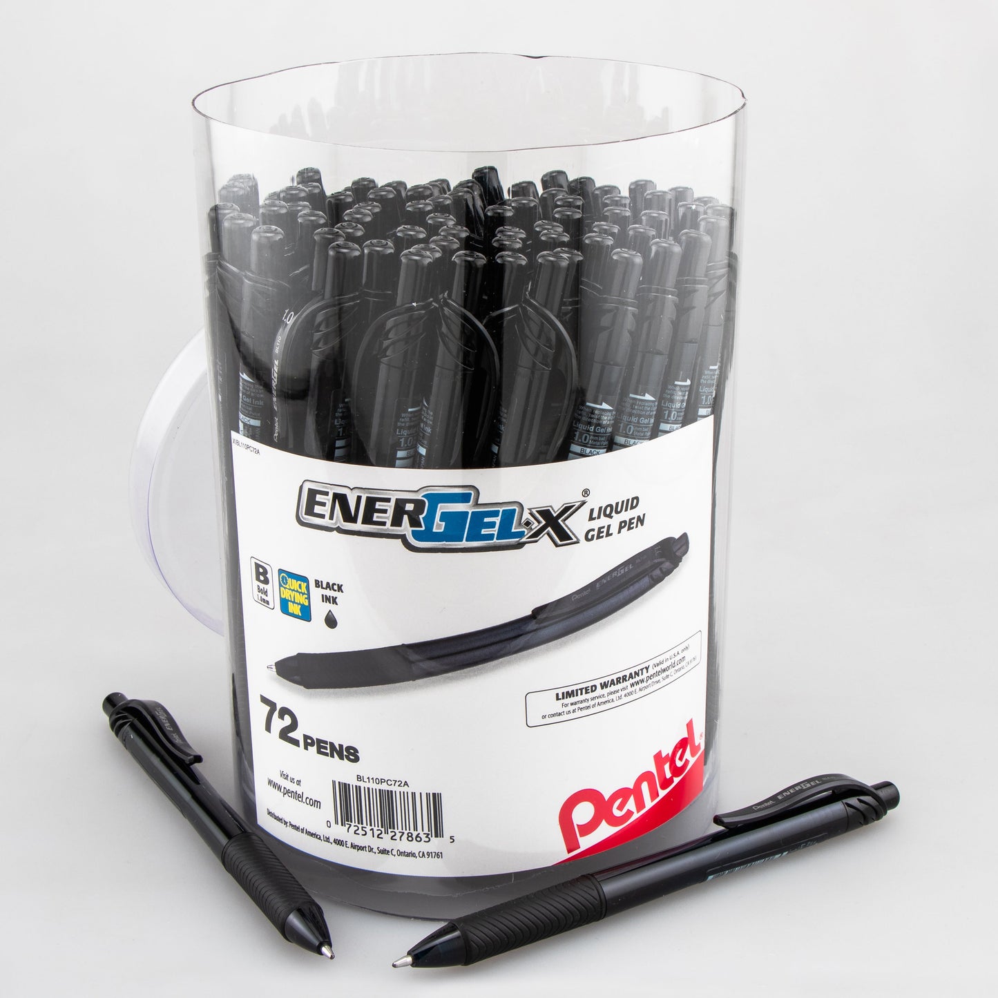 Pentel EnerGel-X Retractable Gel Pen, (1.0mm) Bold line, Black Ink, 72-pk Canister (BL110PC72A)