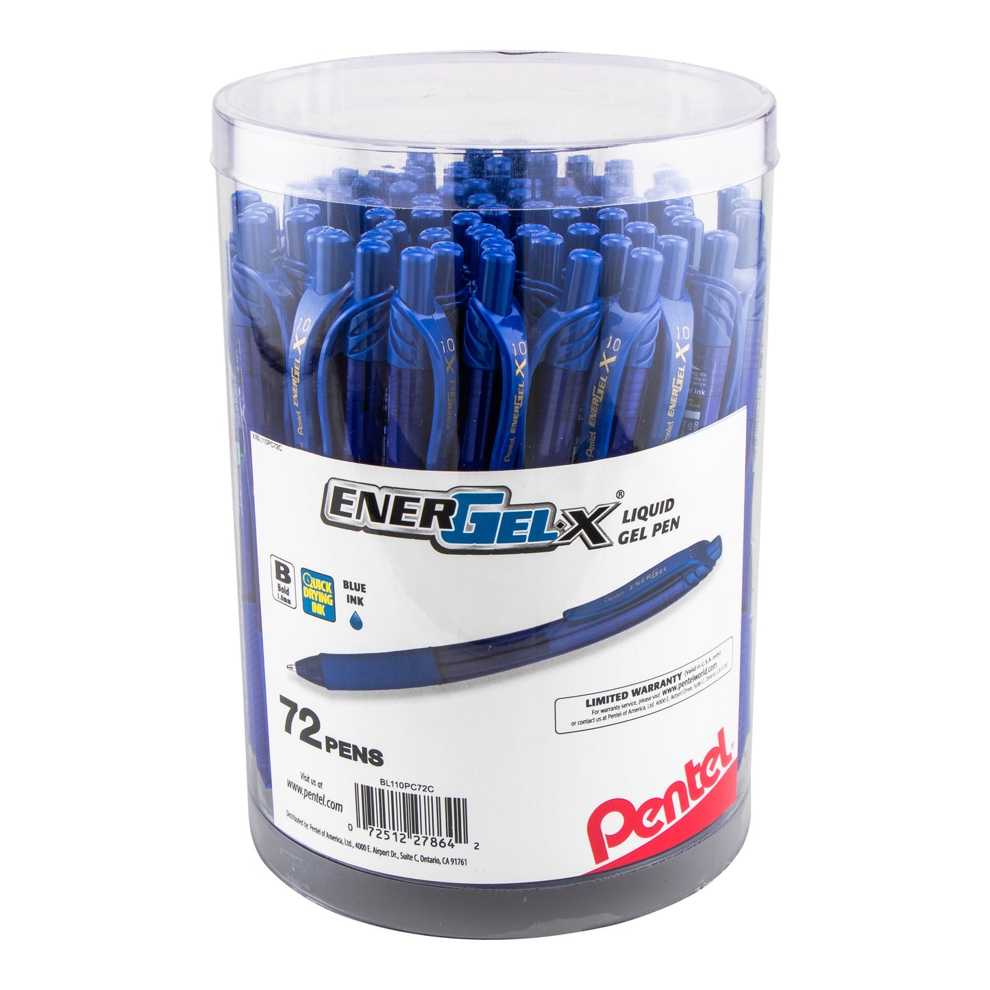 Pentel EnerGel-X Retractable Gel Pen, (1.0mm) Bold line, Blue Ink, 72-pk Canister (BL110PC72C)