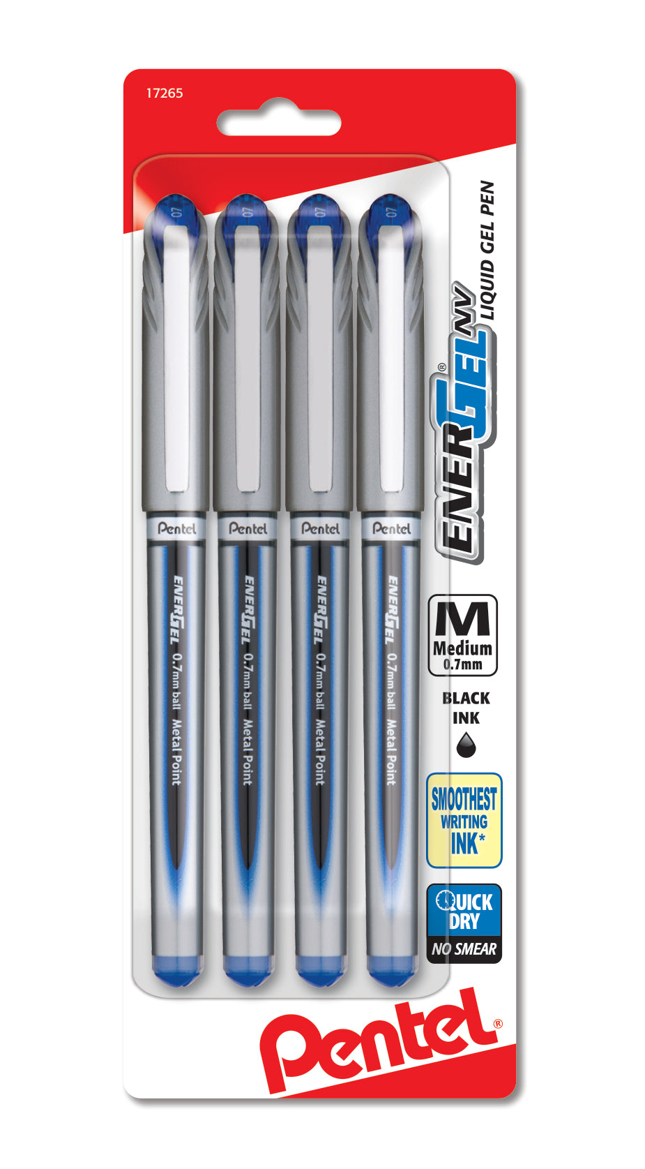 EnerGel NV Liquid Gel Pen, (0.7mm) Metal Tip, Medium Line Capped, Blue Ink 4-Pk (BL27BP4C)