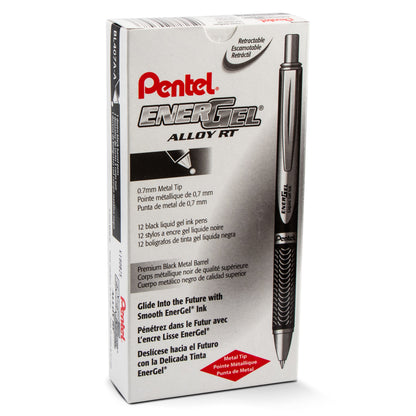 EnerGel Alloy Retractable Premium Liquid Gel Pen, (0.7mm) Metal Tip, Medium Line,Black Barrel, Black Ink (BL407A-A)
