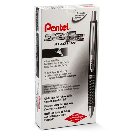EnerGel Alloy Retractable Premium Liquid Gel Pen, (0.7mm) Metal Tip, Medium Line,Black Barrel, Black Ink (BL407A-A)