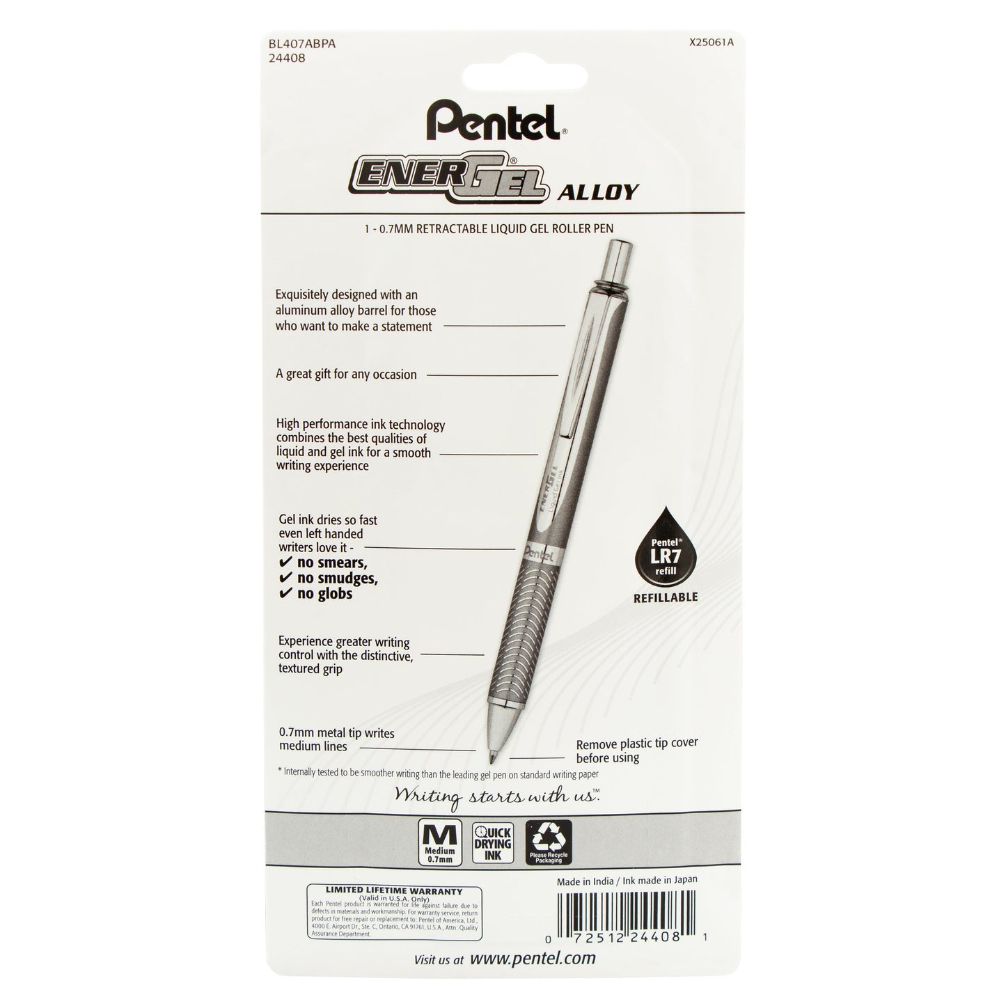 Pentel EnerGel Alloy Retractable Premium Liquid Gel Pen, (0.7mm) Black Barrel, Black Ink 1-Pk (BL407ABPA)