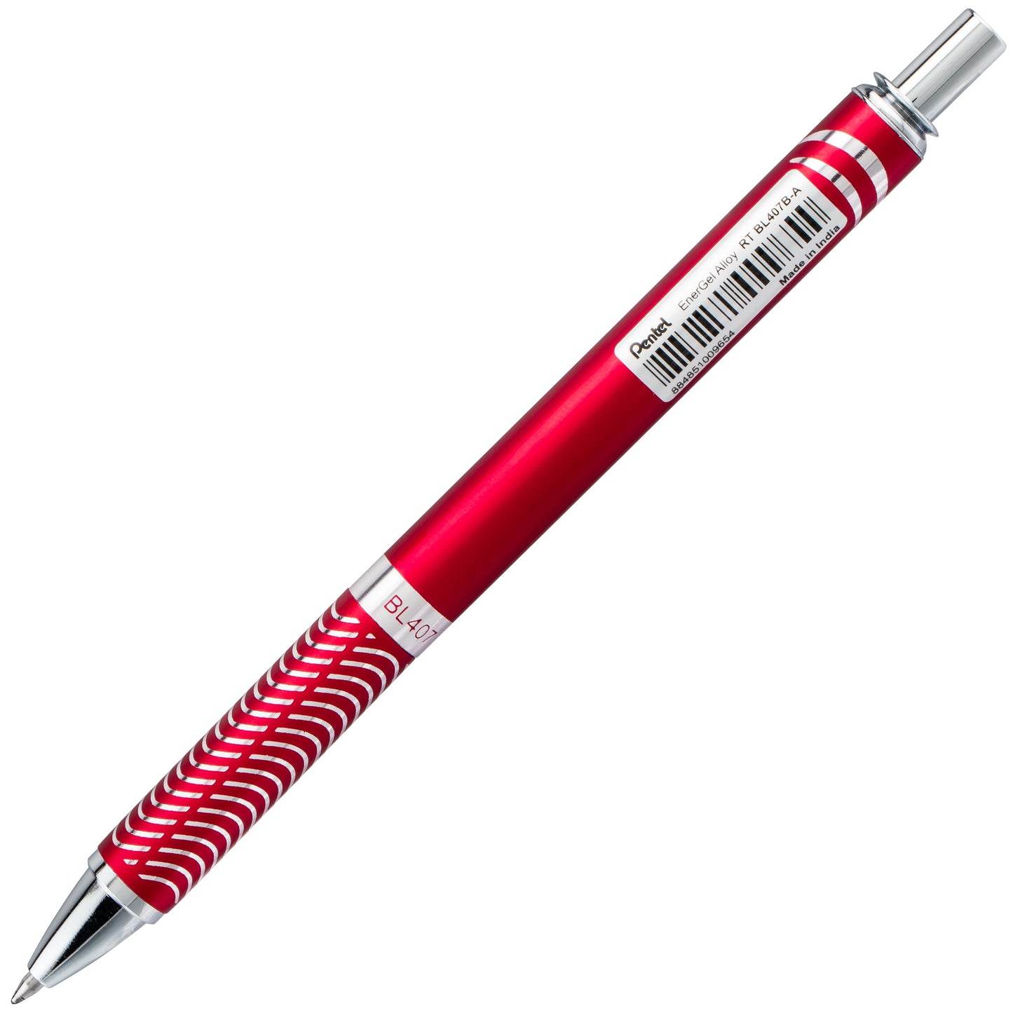 EnerGel Alloy Retractable Premium Liquid Gel Pen, (0.7mm) Metal Tip, Medium Line, Red Barrel, Black Ink (BL407B-A)