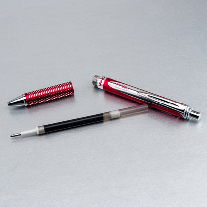 EnerGel Alloy Retractable Premium Liquid Gel Pen, (0.7mm) Metal Tip, Medium Line, Red Barrel, Black Ink (BL407B-A)