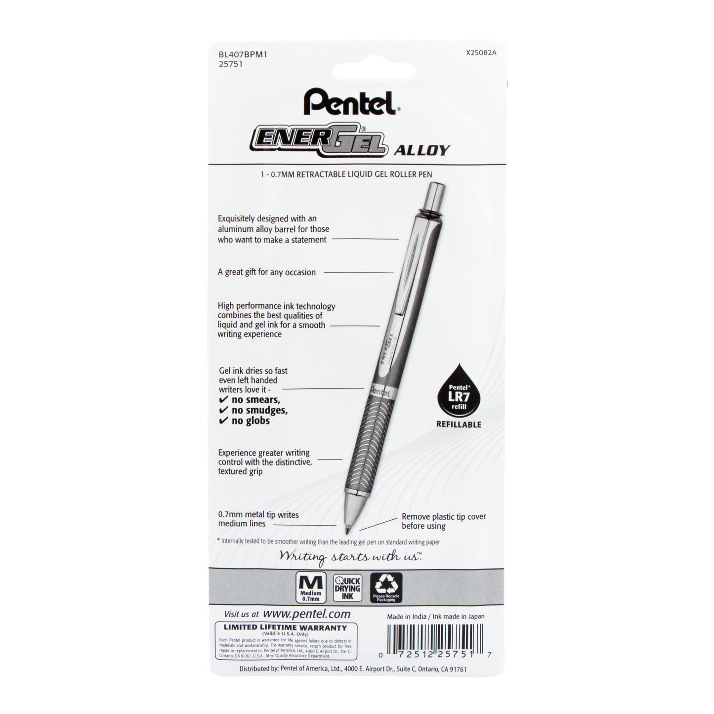 EnerGel Alloy Retractable Premium Liquid Gel Pen, (0.7mm) Assorted Barrels, Black Ink 1-Pk (BL407BPM1)