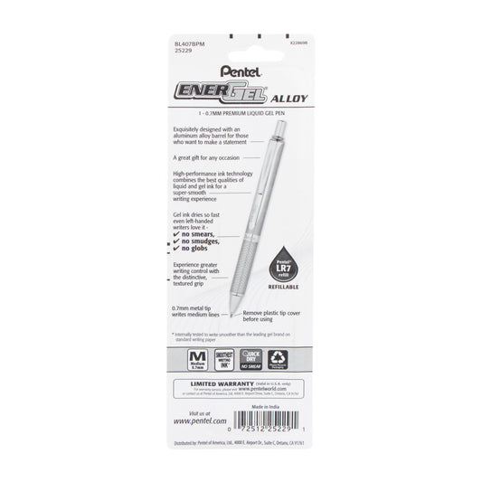 EnerGel Alloy Retractable Premium Liquid Gel Pen, (0.7mm) Assorted Barrels, Black Ink 1-Pk (BL407BPM)