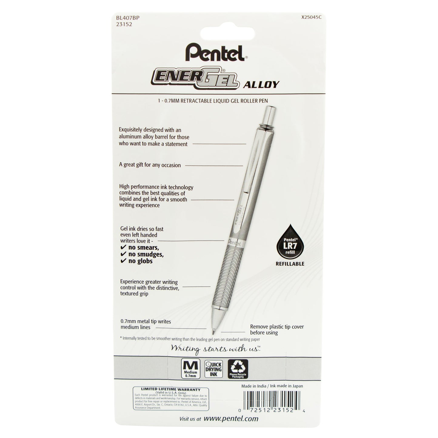 Pentel EnerGel Alloy Retractable Premium Liquid Gel Pen, (0.7mm) Silver Barrel, Black Ink 1-Pk (BL407BP)
