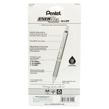 Pentel EnerGel Alloy Retractable Premium Liquid Gel Pen, (0.7mm) Silver Barrel, Black Ink 1-Pk (BL407BP)