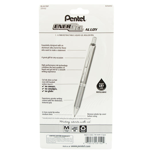 EnerGel Alloy Retractable Premium Liquid Gel Pen, (0.7mm) Silver Barrel, Black Ink 1-Pk (BL407BP)
