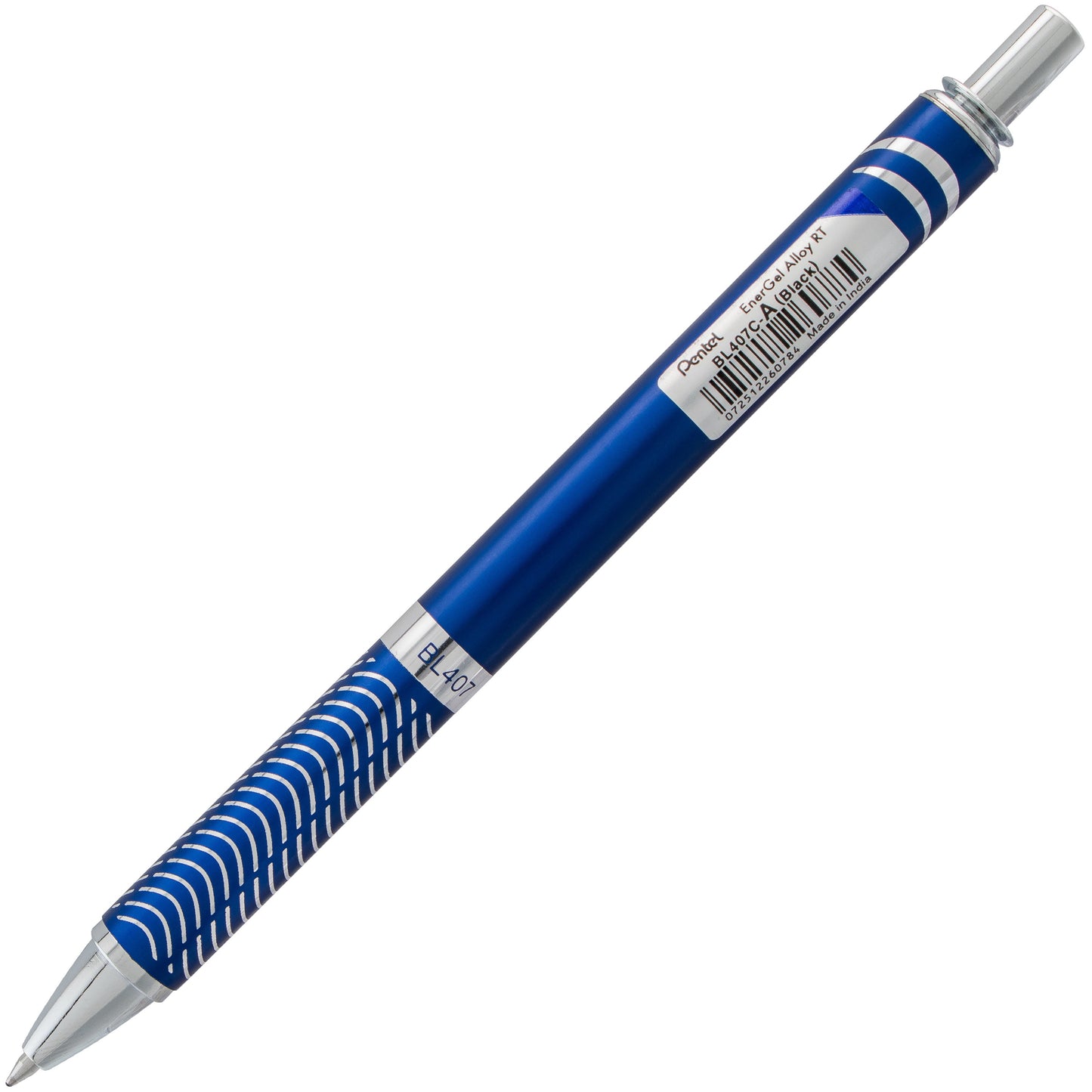 EnerGel Alloy Retractable Premium Liquid Gel Pen, (0.7mm) Metal Tip, Medium Line, Blue Barrel, Black Ink (BL407C-A)