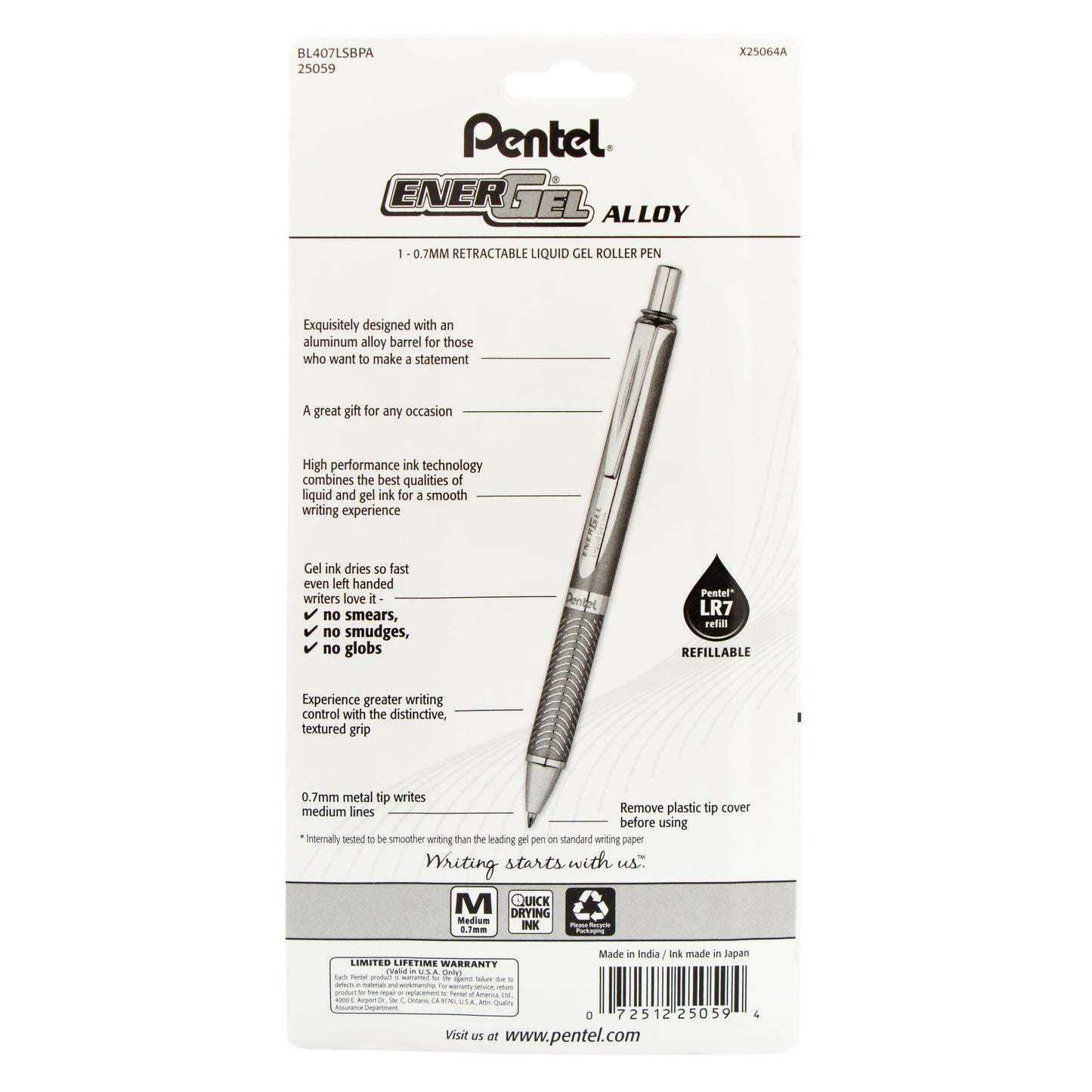 EnerGel Alloy Retractable Premium Liquid Gel Pen, (0.7mm) Aquamarine Barrel, Black Ink 1-Pk (BL407LSBPA)