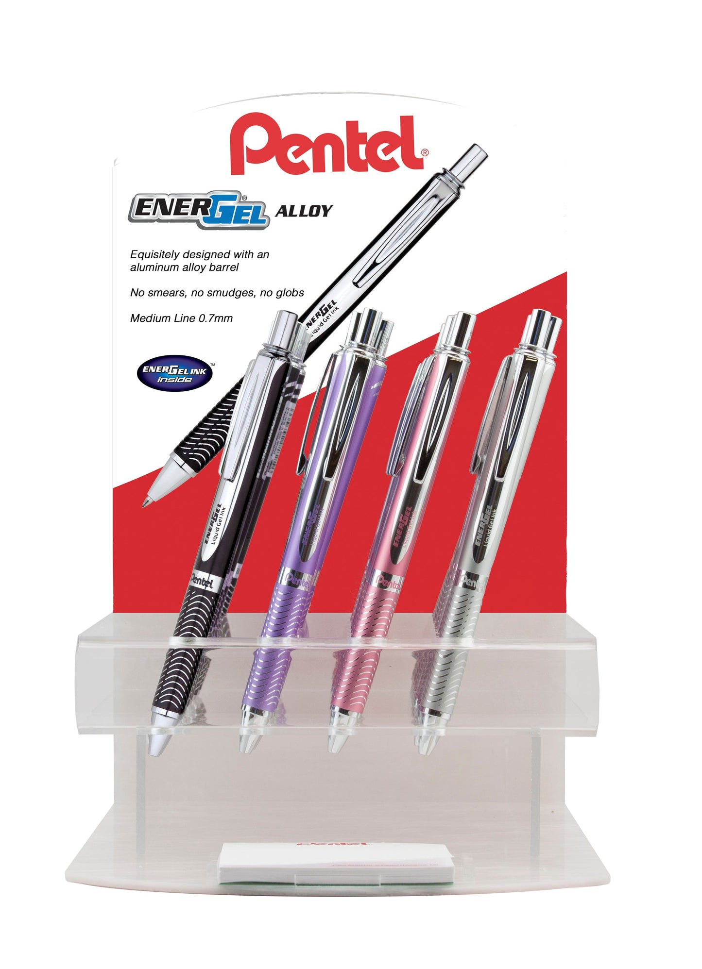 EnerGel Alloy Retractable Premium Liquid Gel Pen, (0.7mm) Metal Tip, Medium Line, Silver, Black, Blue, Aquamarine, Pink & Violet Barrel, Black Ink, Open Stock Display - 24 Pieces (BL407M-2)