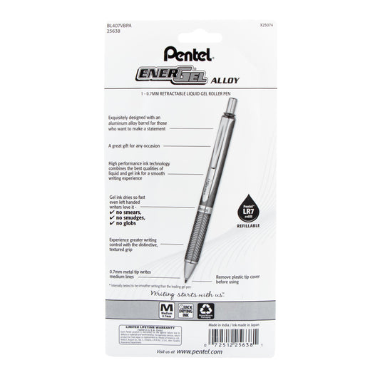 EnerGel Alloy Retractable Premium Liquid Gel Pen, (0.7mm) Metal Tip, Medium Line, Violet Barrel, Black Ink, 1-Pk (BL407VBPA)