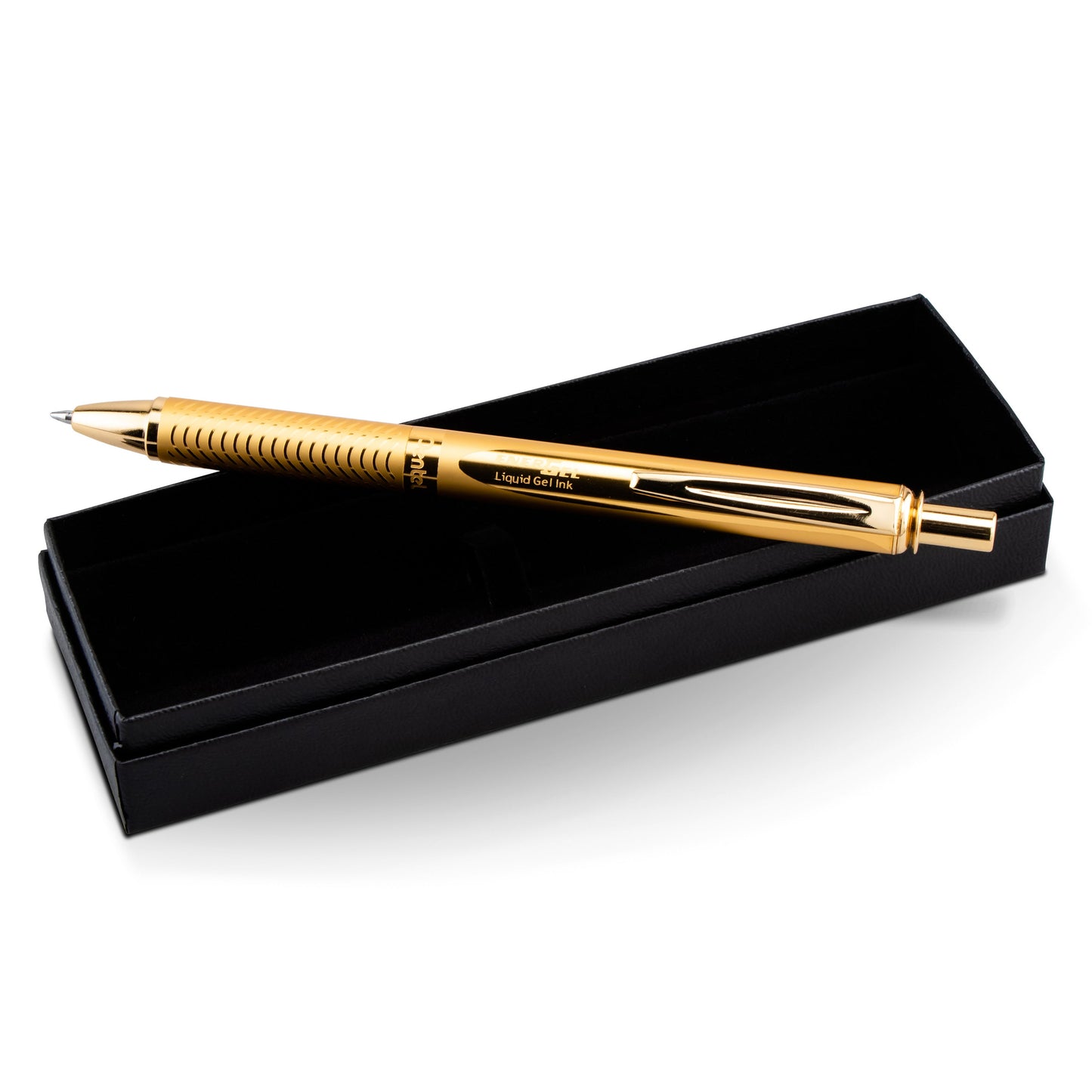 EnerGel Alloy Retractable Premium Liquid Gel Pen, (0.7mm) Metal Tip, Medium Line, Gold Barrel, Black Ink, in gift box with info band (BL407XABX)