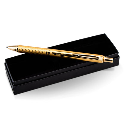 EnerGel Alloy Retractable Premium Liquid Gel Pen, (0.7mm) Metal Tip, Medium Line, Gold Barrel, Black Ink, in gift box with info band (BL407XABX)
