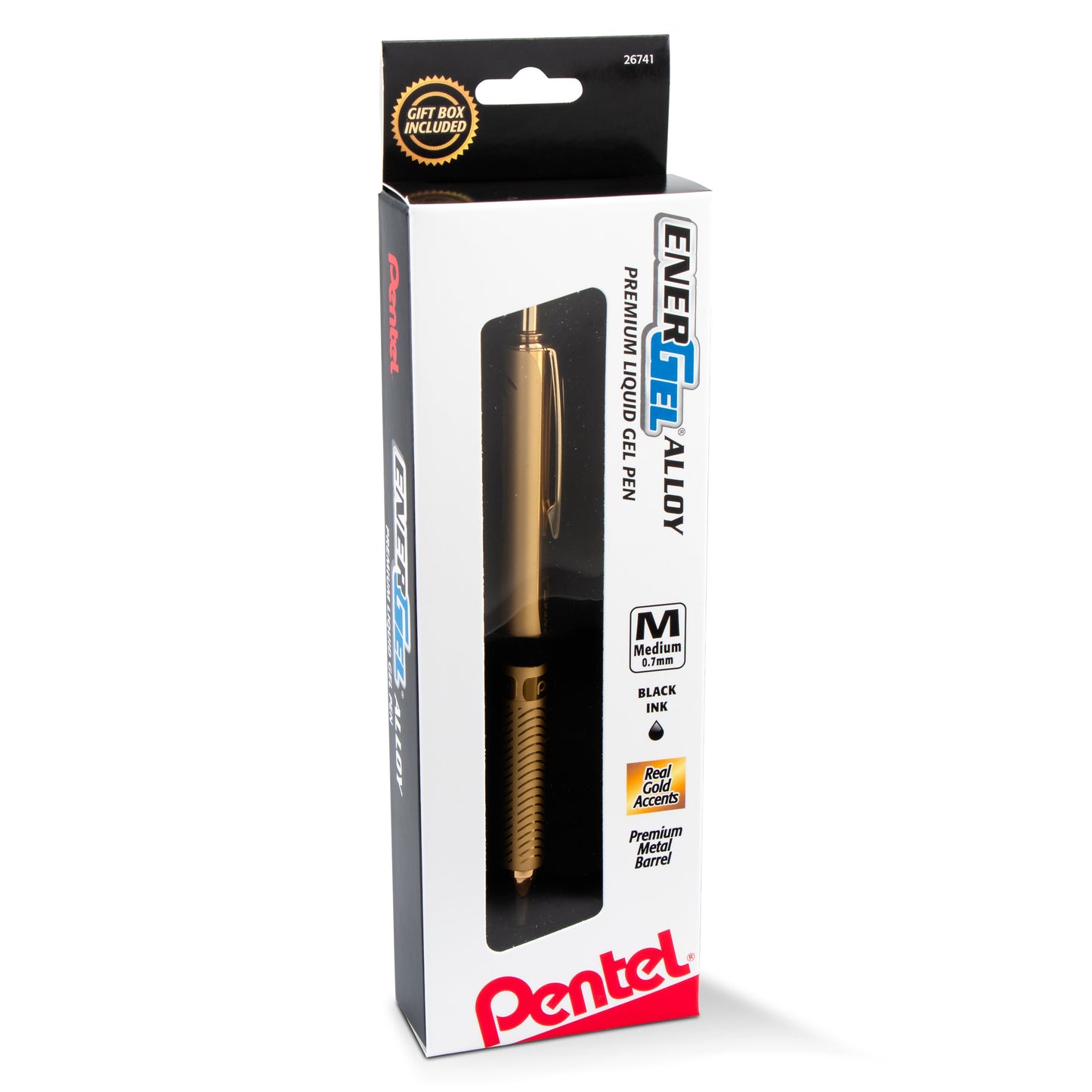 EnerGel Alloy Retractable Premium Liquid Gel Pen, (0.7mm) Metal Tip, Medium Line, Gold Barrel, Black Ink, hanging box (BL407XBPA)