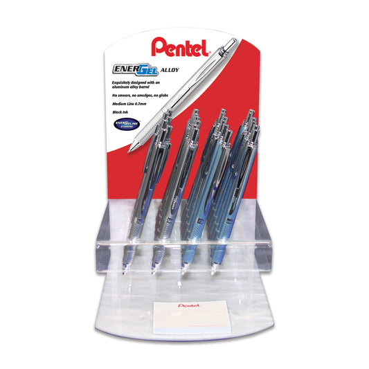 EnerGel Alloy Retractable Premium Liquid Gel Pen, (0.7mm) Metal Tip, Medium Line, Aquamarine/Silver Barrels, Black Ink, Open, Stock Display - 24 Pieces (BL407ZLS-24)