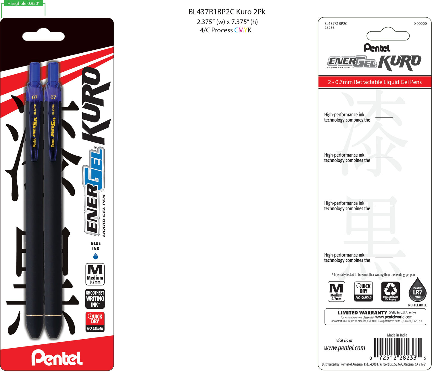 EnerGel Kuro Liquid Gel Pen, (0.7mm) Medium line, Blue Ink, 2-pk (BL437R1BP2C)