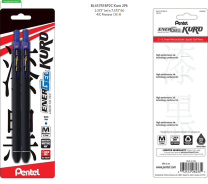 EnerGel Kuro Liquid Gel Pen, (0.7mm) Medium line, Blue Ink, 2-pk (BL437R1BP2C)