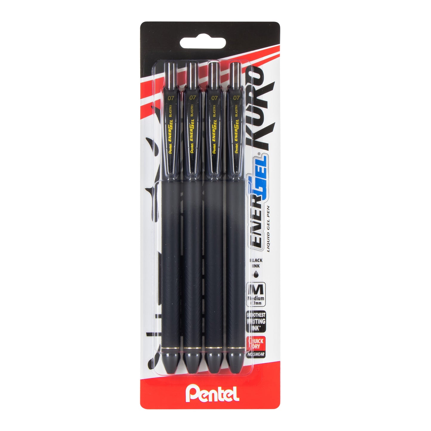 EnerGel Kuro Liquid Gel Pen, (0.7mm) Medium line, Black Ink, 4-pk (BL437R1BP4A)
