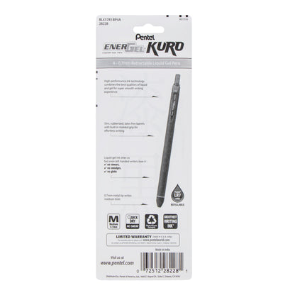 EnerGel Kuro Liquid Gel Pen, (0.7mm) Medium line, Black Ink, 4-pk (BL437R1BP4A)