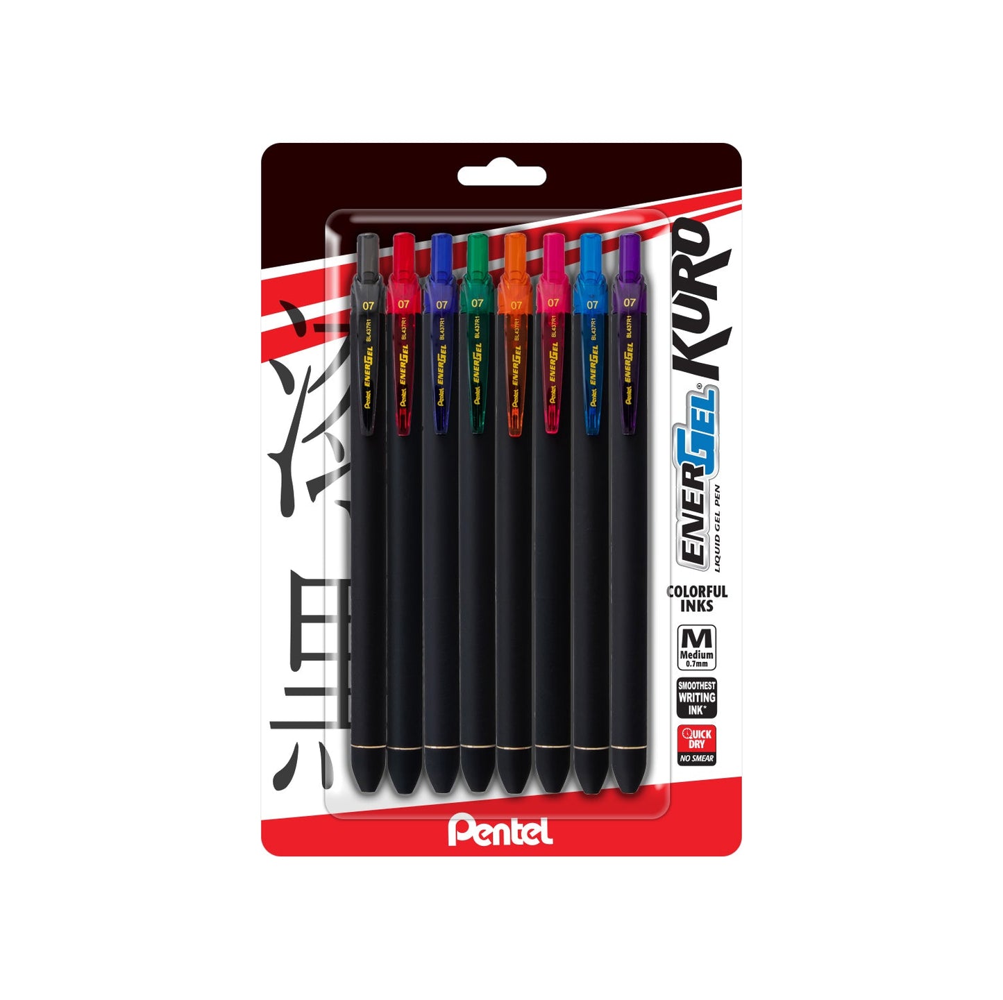 EnerGel Kuro Liquid Gel Pen, (0.7mm) Medium line, Assorted Ink (A,B,C,D,F,P,S,V), 8-pk (BL437R1BP8M)