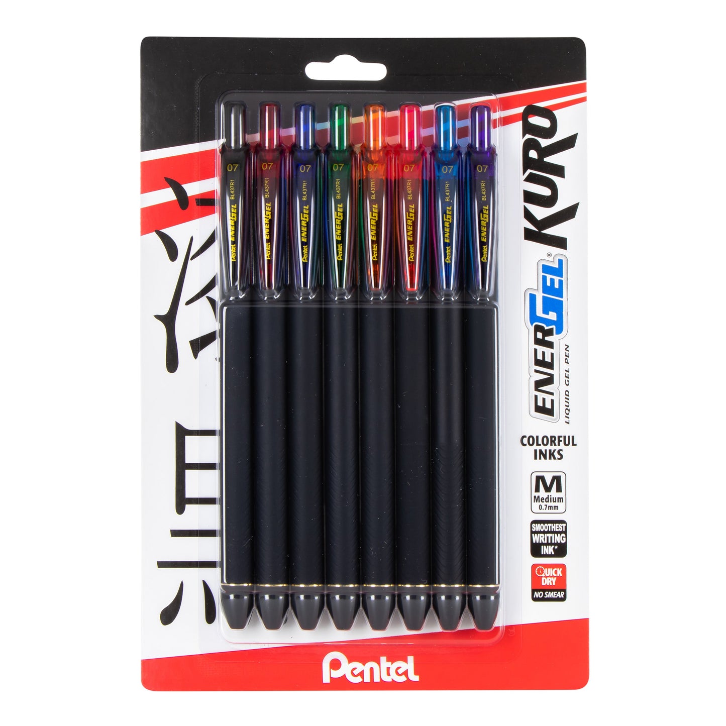 EnerGel Kuro Liquid Gel Pen, (0.7mm) Medium line, Assorted Ink (A,B,C,D,F,P,S,V), 8-pk (BL437R1BP8M)