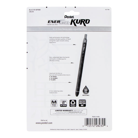 EnerGel Kuro Liquid Gel Pen, (0.7mm) Medium line, Assorted Ink (A,B,C,D,F,P,S,V), 8-pk (BL437R1BP8M)