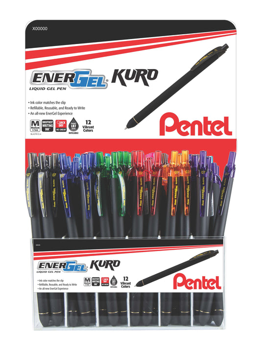 EnerGel Kuro Liquid Gel Pen (0.7mm) Medium line, Assorted ink - 144pc Display (BL437R1M-12)
