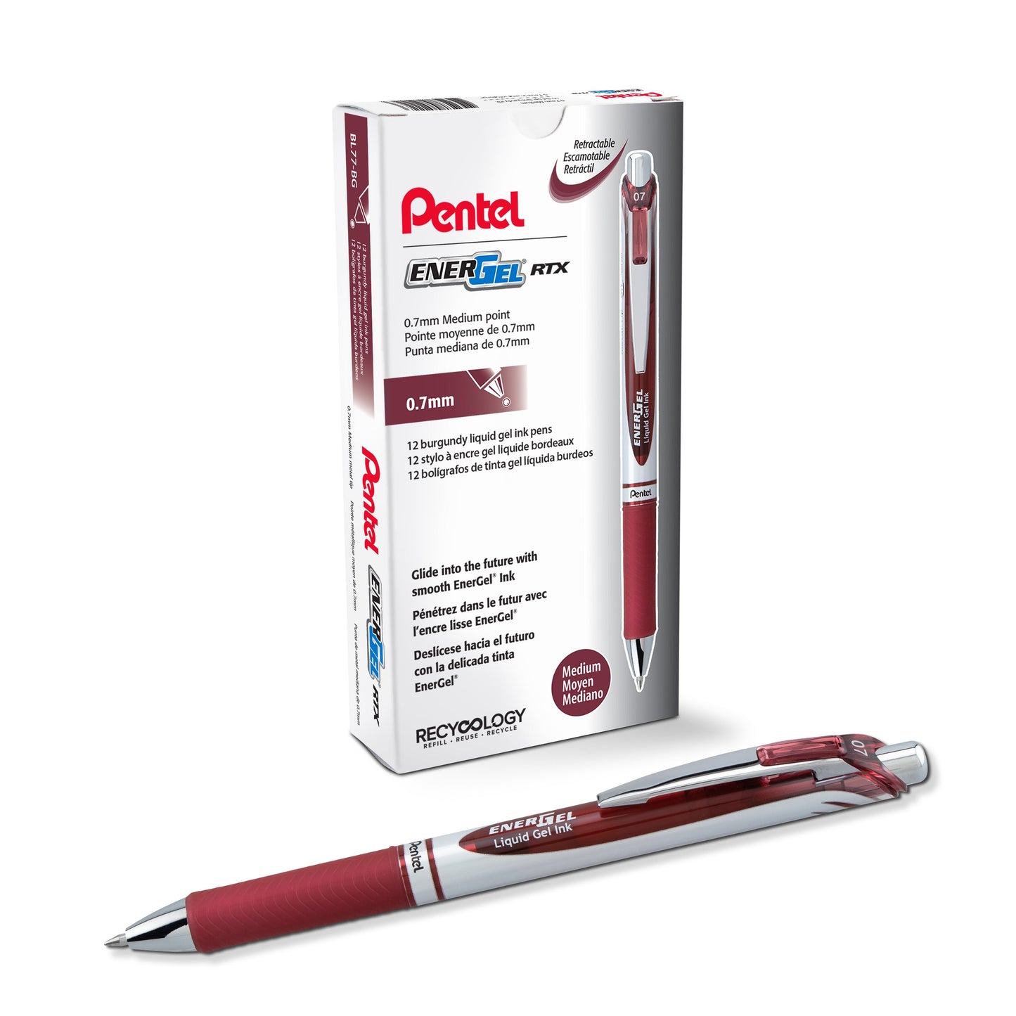 EnerGel RTX Retractable Liquid Gel Pen, (0.7mm) Medium line, Burgundy Ink (BL77-BG)