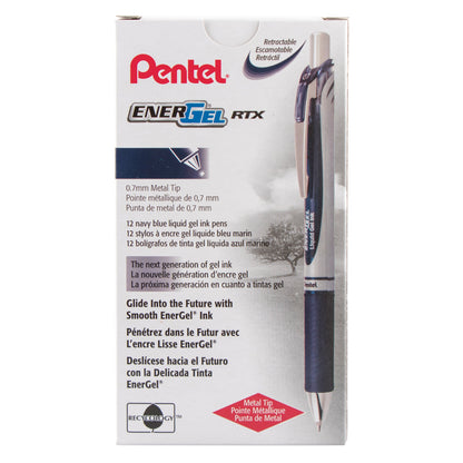 Pentel EnerGel RTX Retractable Liquid Gel Pen, (0.7mm) Metal Tip, Medium Line, Navy Blue Ink (BL77-CA)
