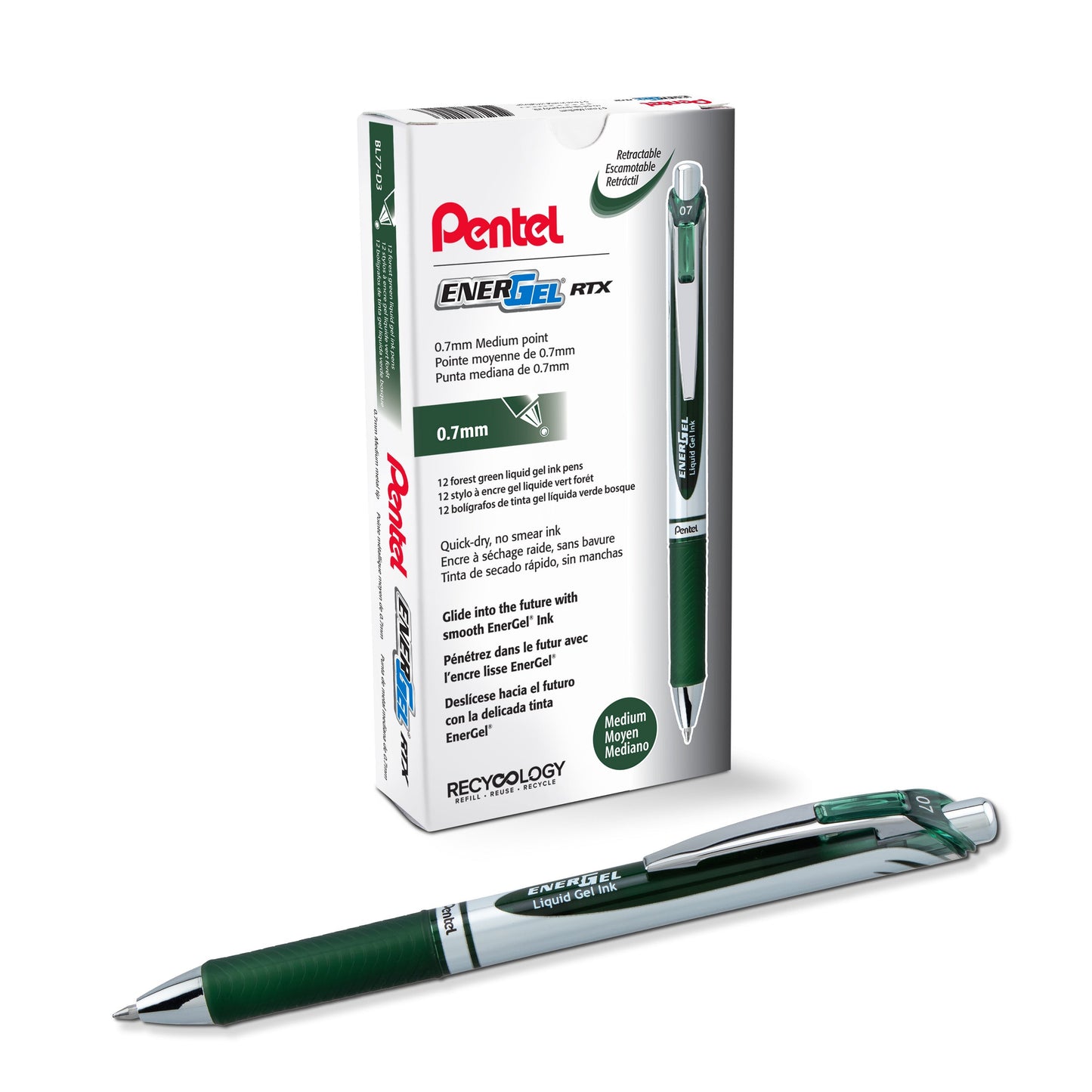 Pentel EnerGel RTX Retractable Liquid Gel Pen, (0.7mm) Medium line, Forest Green Ink (BL77-D3)