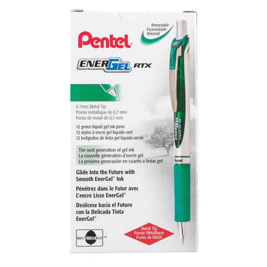 EnerGel RTX Retractable Liquid Gel Pen, (0.7mm) Metal Tip, Medium Line,Green Ink (BL77-D)