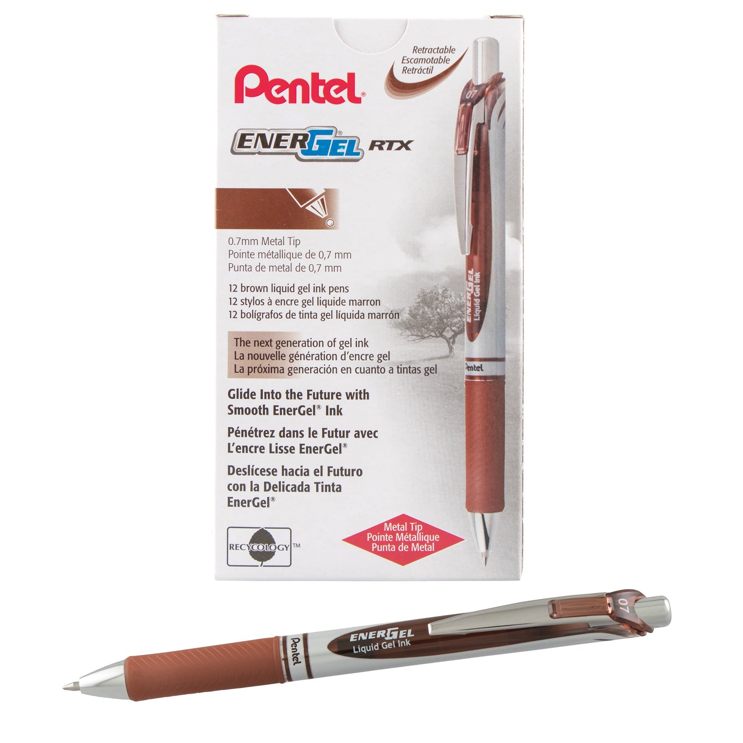 EnerGel RTX Retractable Liquid Gel Pen, (0.7mm) Metal Tip, Medium Line, Brown Ink (BL77-E)
