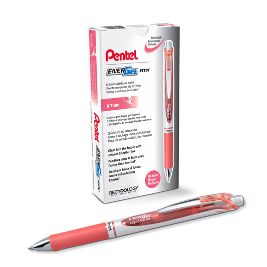 EnerGel RTX Retractable Liquid Gel Pen, (0.7mm) Medium line, Coral Pink Ink (BL77-P3)