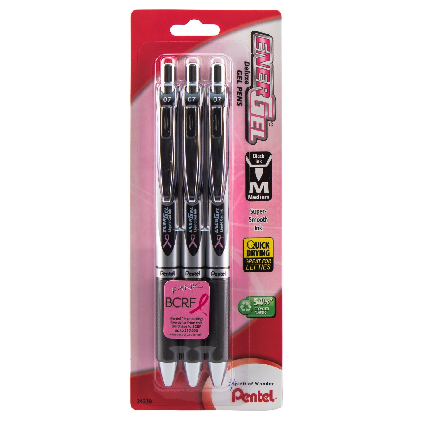 PINK BCA Ribbon EnerGel RTX Retractable Liquid Gel Pen, (0.7mm) Metal Tip, Medium Line, Silver Barrel, Black Ink 3-Pk (BL77ABP3A-BC)