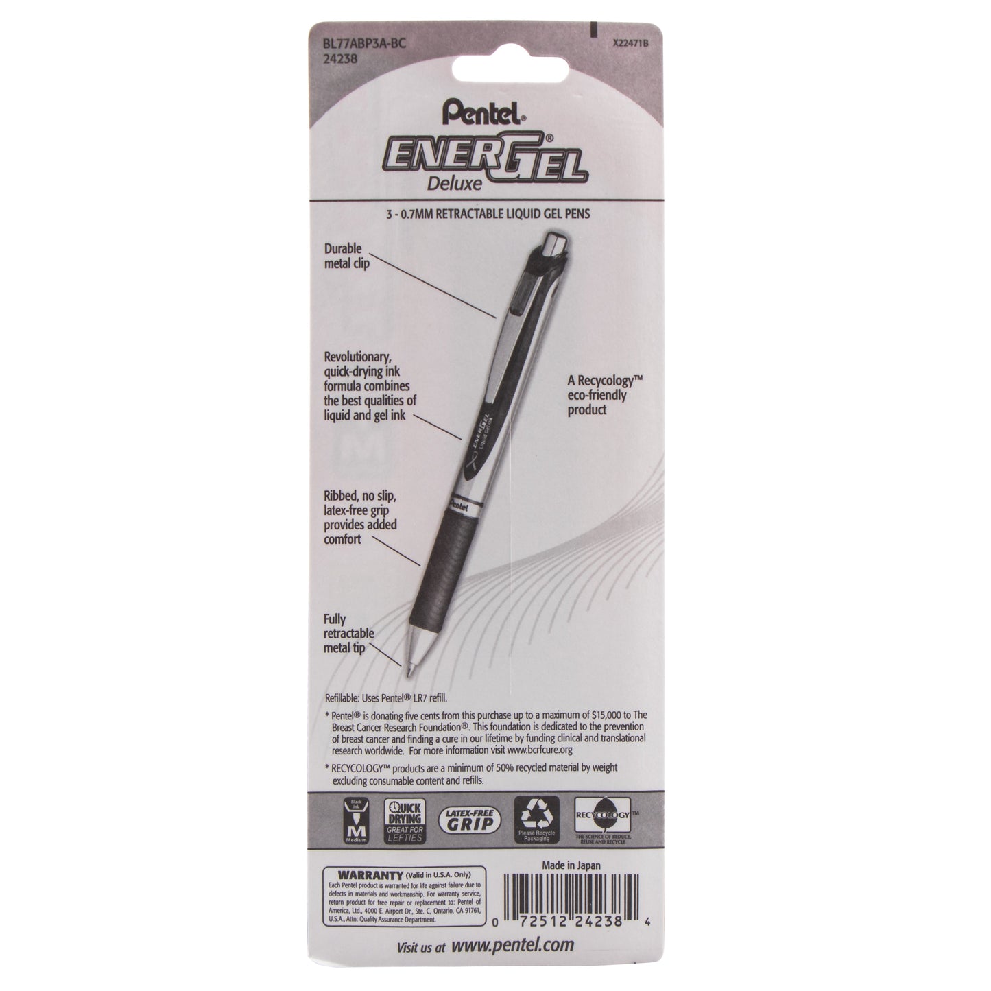 PINK BCA Ribbon EnerGel RTX Retractable Liquid Gel Pen, (0.7mm) Metal Tip, Medium Line, Silver Barrel, Black Ink 3-Pk (BL77ABP3A-BC)