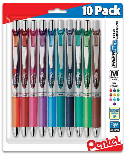 EnerGel RTX Retractable Liquid Gel Pen, (0.7mm) Medium Line, Metal Tip, Assorted Ink (B/P/F/D/S/CA/E/K/V/S3) 10-Pk (BL77BP10M)