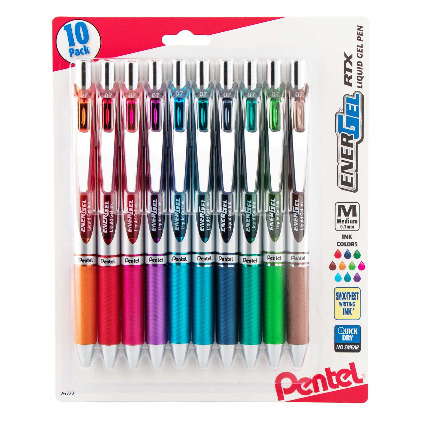 EnerGel RTX Retractable Liquid Gel Pen, (0.7mm) Medium Line, Metal Tip, Assorted Ink (B/P/F/D/S/CA/E/K/V/S3) 10-Pk (BL77BP10M)