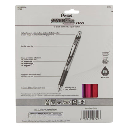 EnerGel RTX Retractable Liquid Gel Pen, (0.7mm) Medium Line, Metal Tip, Assorted Ink (B/P/F/D/S/CA/E/K/V/S3) 10-Pk (BL77BP10M)