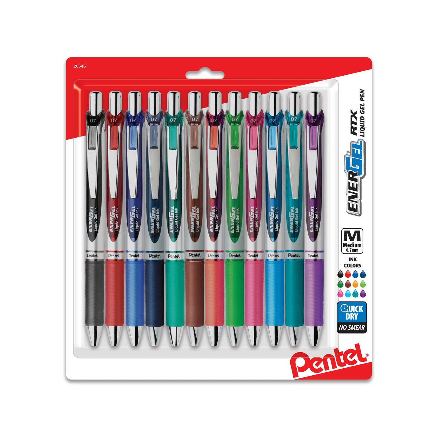 EnerGel RTX Retractable Liquid Gel Pen, (0.7mm) Medium Line, Assorted Ink (A/B/C/CA/D/E/F/K/P/S/S3/V),12-Pk (BL77BP12M)