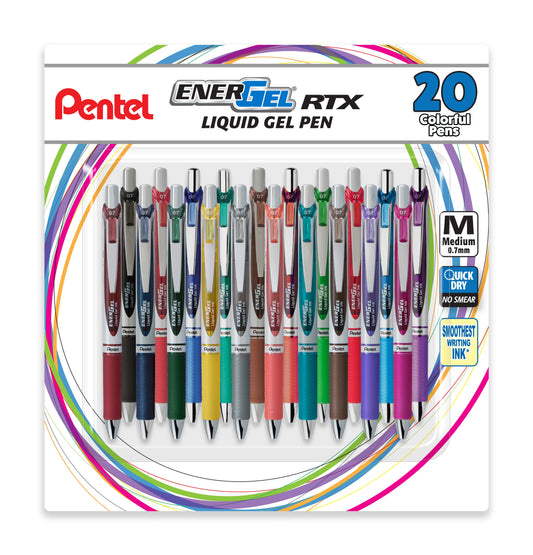 EnerGel RTX Retractable Liquid Gel Pen, (0.7mm) Medium line, Assorted Ink, 20-pk (BL77BP20M)