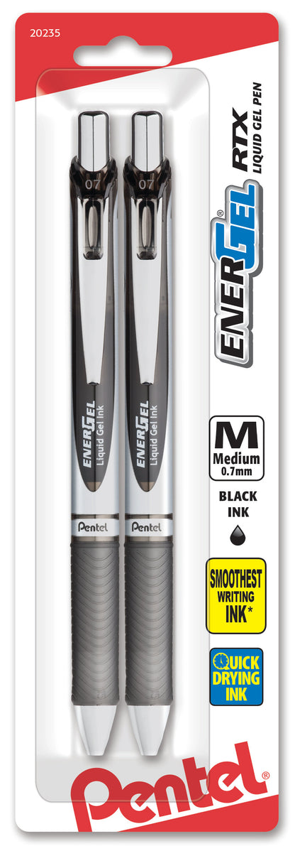 EnerGel RTX Retractable Liquid Gel Pen, (0.7mm) Metal Tip, Medium Line, Black Ink 2-Pk (BL77BP2A)