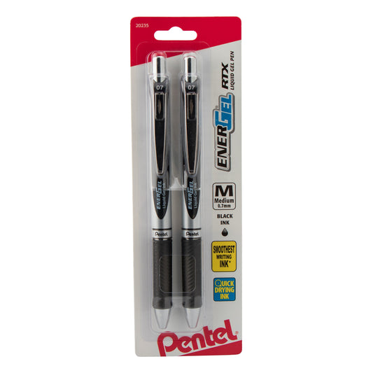 EnerGel RTX Retractable Liquid Gel Pen, (0.7mm) Metal Tip, Medium Line, Black Ink 2-Pk (BL77BP2A)
