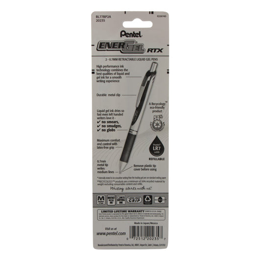 EnerGel RTX Retractable Liquid Gel Pen, (0.7mm) Metal Tip, Medium Line, Black Ink 2-Pk (BL77BP2A)