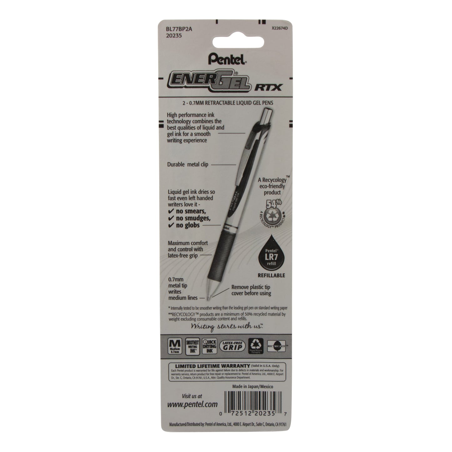 EnerGel RTX Retractable Liquid Gel Pen, (0.7mm) Metal Tip, Medium Line, Black Ink 2-Pk (BL77BP2A)