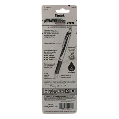 EnerGel RTX Retractable Liquid Gel Pen, (0.7mm) Metal Tip, Medium Line, Black Ink 2-Pk (BL77BP2A)