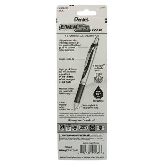EnerGel RTX Retractable Liquid Gel Pen, (0.7mm) Metal Tip, Medium Line, Red Ink 2-Pk (BL77BP2B)